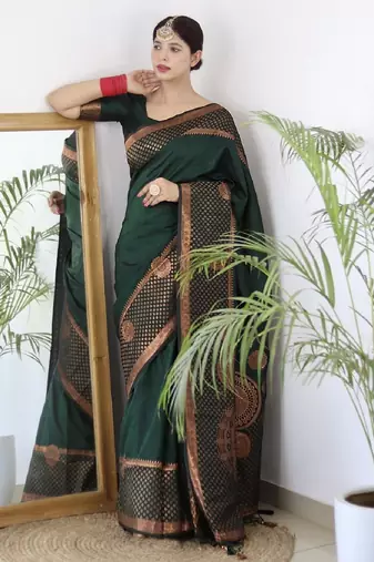 Green silk blend banarasi saree with unstitched blouse piece
