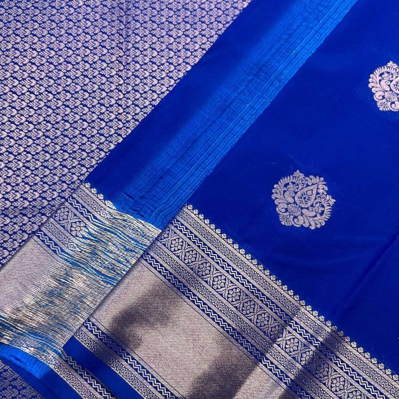 Royal blue soft silk blend banarasi jacuard work designer party wear saree with unstitched blouse piece