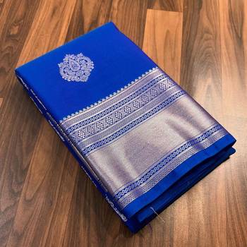Royal blue silk blend banarasi saree with unstitched blouse piece 2