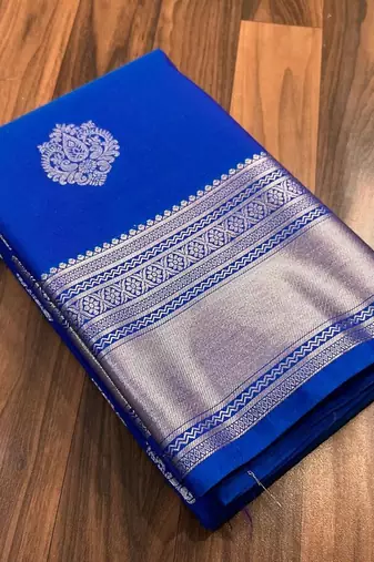 Royal blue silk blend banarasi saree with unstitched blouse piece