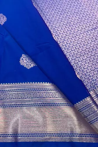 Royal blue silk blend banarasi saree with unstitched blouse piece