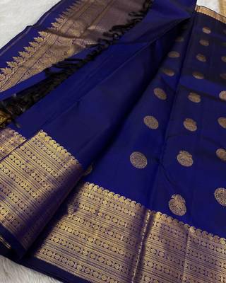 Blue silk blend banarasi saree with unstitched blouse piece 1