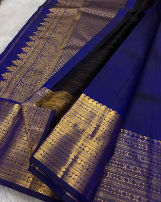 Blue silk blend banarasi saree with unstitched blouse piece 2