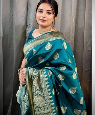 Rama silk blend banarasi saree with unstitched blouse piece 1