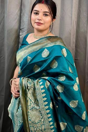 Rama soft silk blend banarasi jacuard work designer party wear saree with unstitched blouse piece