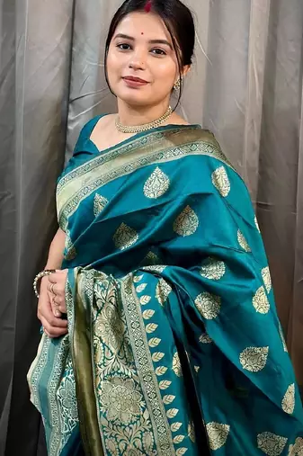 Rama soft silk blend banarasi jacuard work designer party wear saree with unstitched blouse piece