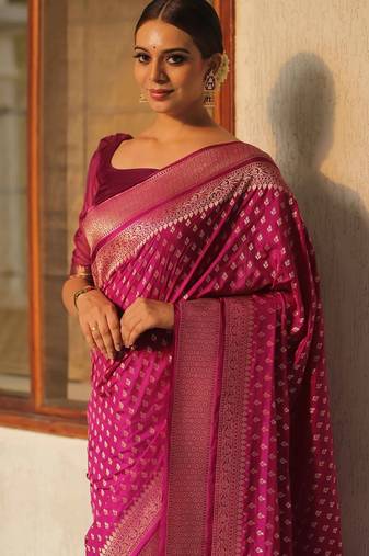 Pink soft silk blend banarasi jacuard work designer party wear saree with unstitched blouse piece