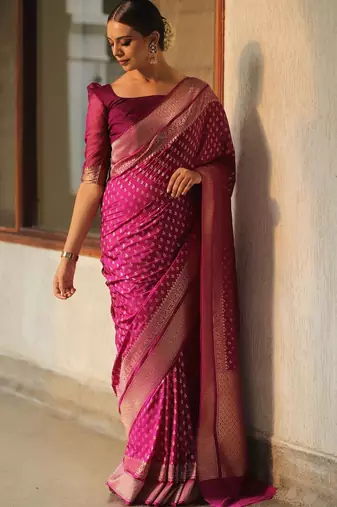 Pink soft silk blend banarasi jacuard work designer party wear saree with unstitched blouse piece