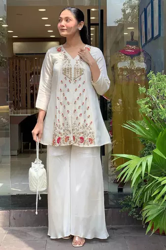 Women's silk sequin embroidered white v-neck kurta with silk sharara set