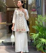 Women's silk sequin embroidered white v-neck kurta with silk sharara set