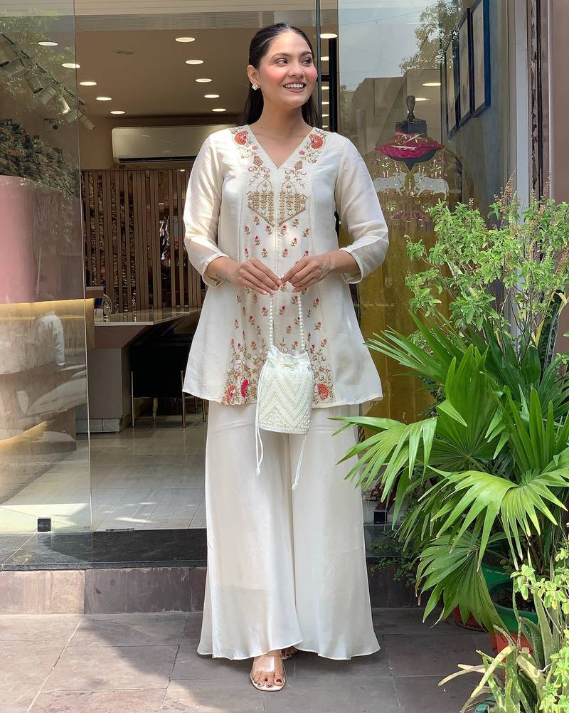 Women's silk sequin embroidered white v-neck kurta with silk sharara set