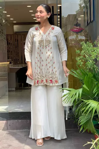 Women's silk sequin embroidered white v-neck kurta with silk sharara set