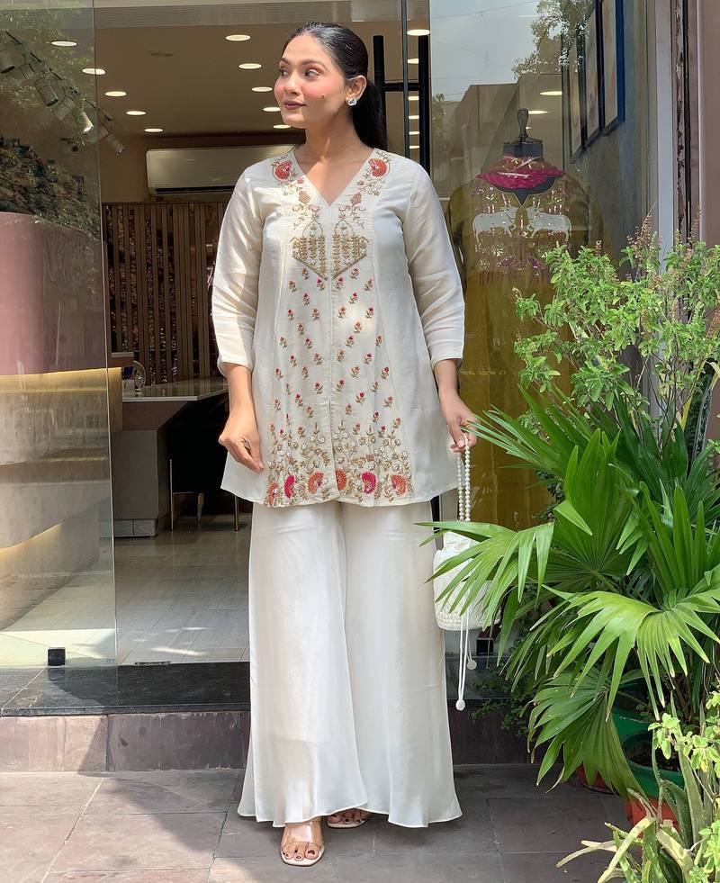 Women's silk sequin embroidered white v-neck kurta with silk sharara set