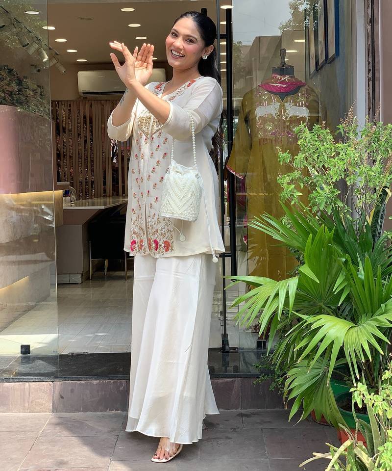 Women's silk sequin embroidered white v-neck kurta with silk sharara set