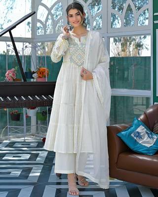 Women's flex cotton sequin embroidered white kurta pant set with cota chex dupatta 1