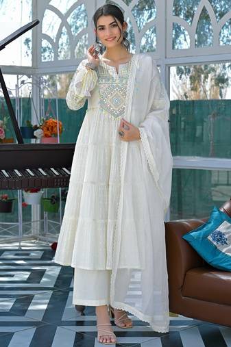 Women's flex cotton sequin embroidered white kurta pant set with cota chex dupatta