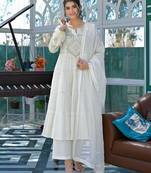 Women's flex cotton sequin embroidered white kurta pant set with cota chex dupatta