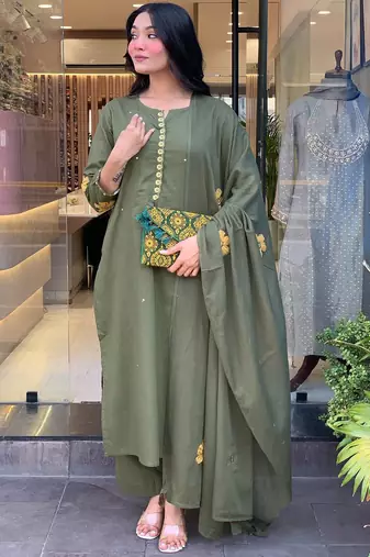 Women's chanderi silk sequin embroidered mehendi kurta pant set with chanderi silk dupatta