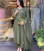 Women's chanderi silk sequin embroidered mehendi kurta pant set with chanderi silk dupatta