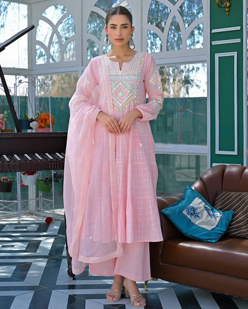 Women's flex cotton sequin embroidered pink kurta pant set with cota chex dupatta