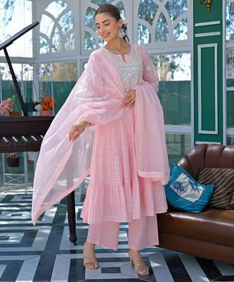 Women's flex cotton sequin embroidered pink kurta pant set with cota chex dupatta 2