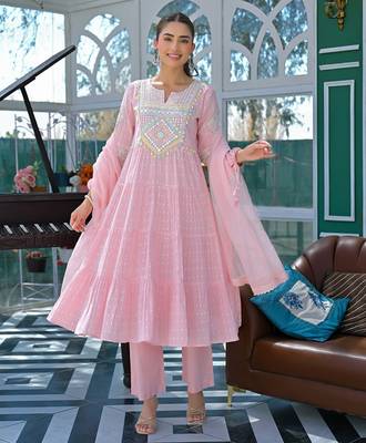 Women's flex cotton sequin embroidered pink kurta pant set with cota chex dupatta 3