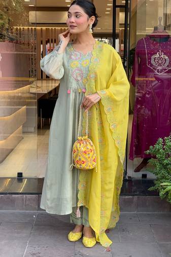 Women's parampara silk sequin embroidered olive green kurta pant set with organza dupatta