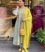 Women's parampara silk sequin embroidered olive green kurta pant set with organza dupatta