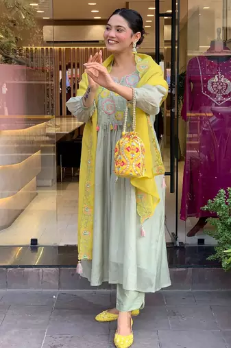 Women's parampara silk sequin embroidered olive green kurta pant set with organza dupatta
