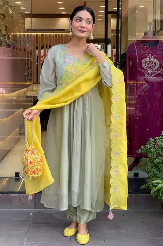 Women's parampara silk sequin embroidered olive green kurta pant set with organza dupatta