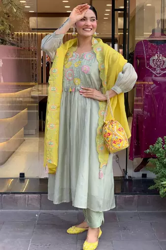 Women's parampara silk sequin embroidered olive green kurta pant set with organza dupatta