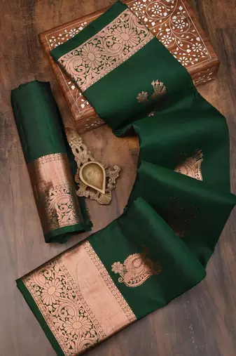 Green silk blend banarasi saree with unstitched blouse piece
