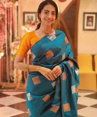 Rama yellow silk blend banarasi saree with unstitched blouse piece 1