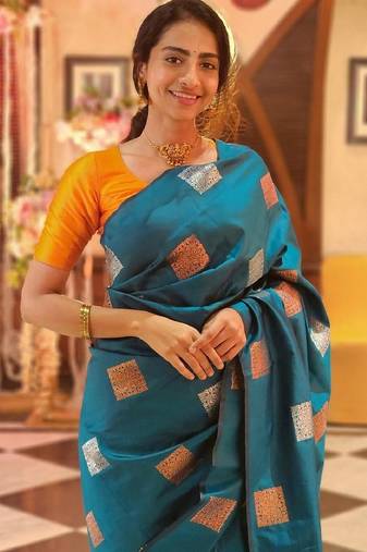 Rama yellow soft silk blend banarasi jacuard work designer party wear saree with unstitched blouse piece