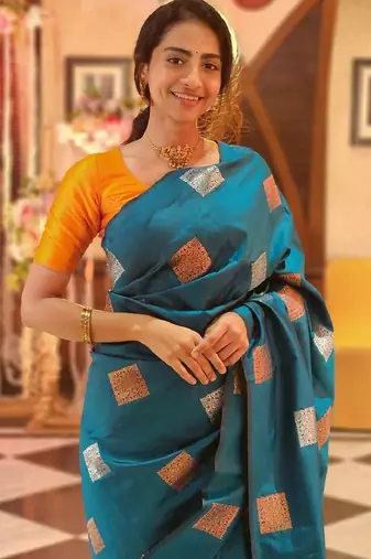 Rama yellow soft silk blend banarasi jacuard work designer party wear saree with unstitched blouse piece