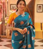 Rama yellow soft silk blend banarasi jacuard work designer party wear saree with unstitched blouse piece