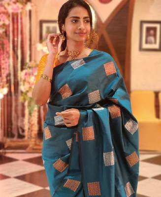 Rama yellow silk blend banarasi saree with unstitched blouse piece 2