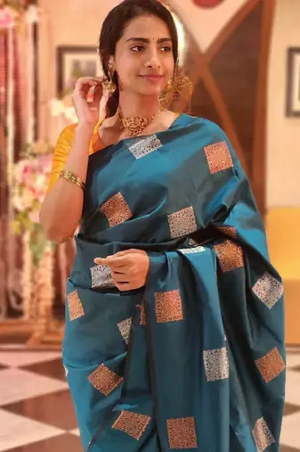 Rama yellow silk blend banarasi saree with unstitched blouse piece