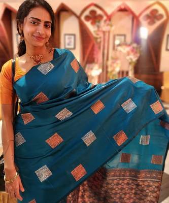Rama yellow silk blend banarasi saree with unstitched blouse piece 3