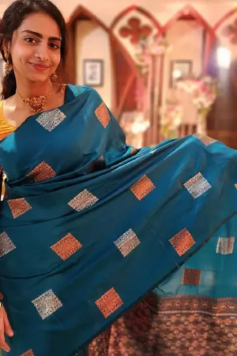 Rama yellow silk blend banarasi saree with unstitched blouse piece