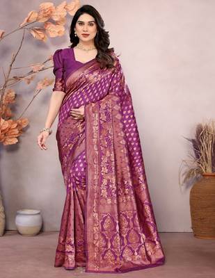 Wine copper silk blend banarasi saree with unstitched blouse piece 1