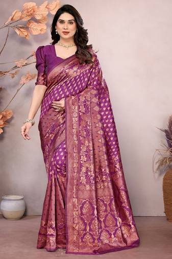 Wine copper soft silk blend banarasi jacuard work designer party wear saree with unstitched blouse piece