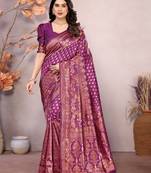 Wine copper soft silk blend banarasi jacuard work designer party wear saree with unstitched blouse piece