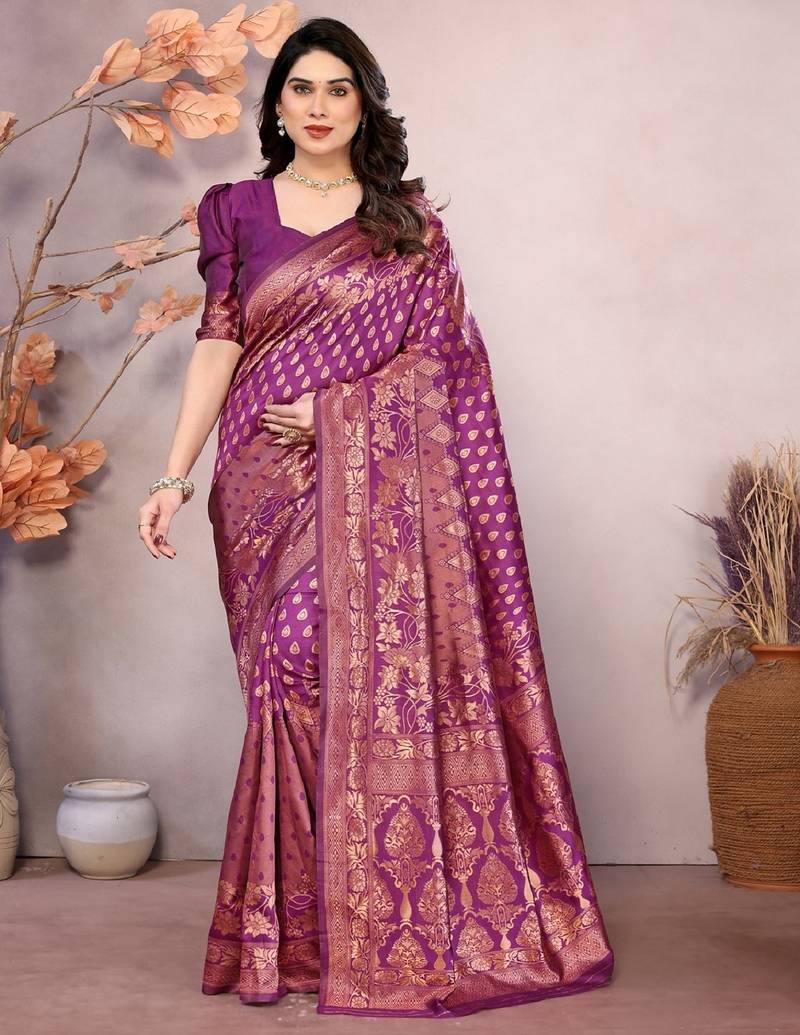 Wine copper soft silk blend banarasi jacuard work designer party wear saree with unstitched blouse piece