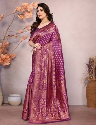 Wine copper silk blend banarasi saree with unstitched blouse piece 2