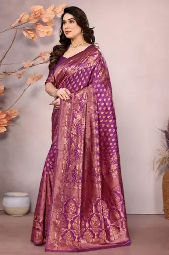 Wine copper silk blend banarasi saree with unstitched blouse piece
