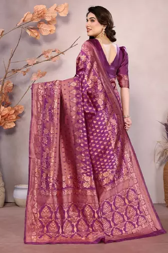 Wine copper silk blend banarasi saree with unstitched blouse piece