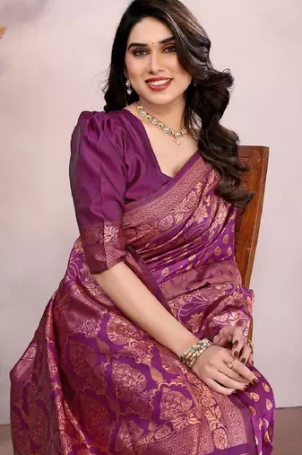 Wine copper silk blend banarasi saree with unstitched blouse piece