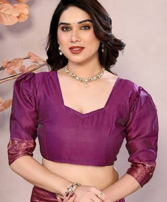 Wine copper silk blend banarasi saree with unstitched blouse piece 5