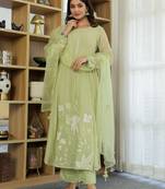 Women's chanderi silk sequin embroidered olive green kurta pant set with chanderi dupatta
